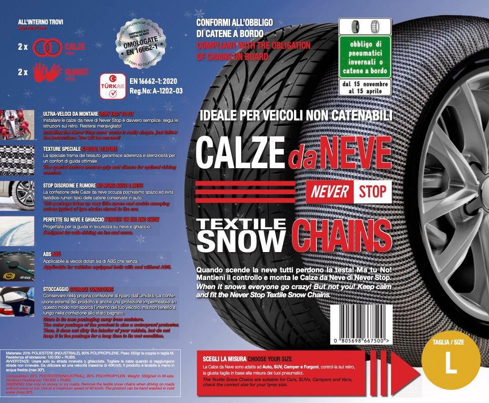 CALZE DA NEVE Taglia L / TEXTILE SNOW CHAINS NEVER STOP BASIC Taglia L