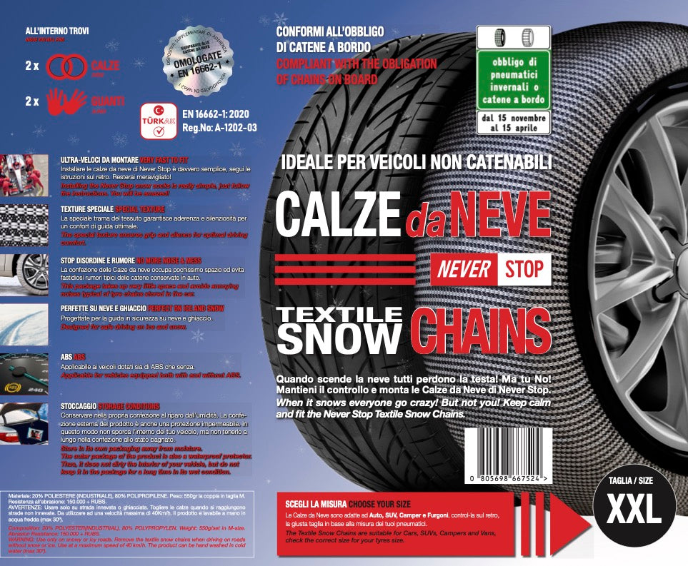 CALZE DA NEVE Taglia XXL / TEXTILE SNOW CHAINS NEVER STOP BASIC Taglia XXL